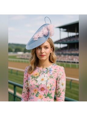 Kentucky Derby Hat Blue Derby Fascinator Hat with Pink Flowers – Race Day Ready